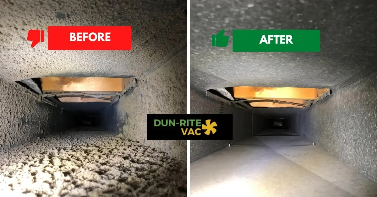 Before and after professional air duct cleaning showing dust removal inside residential HVAC ductwork.