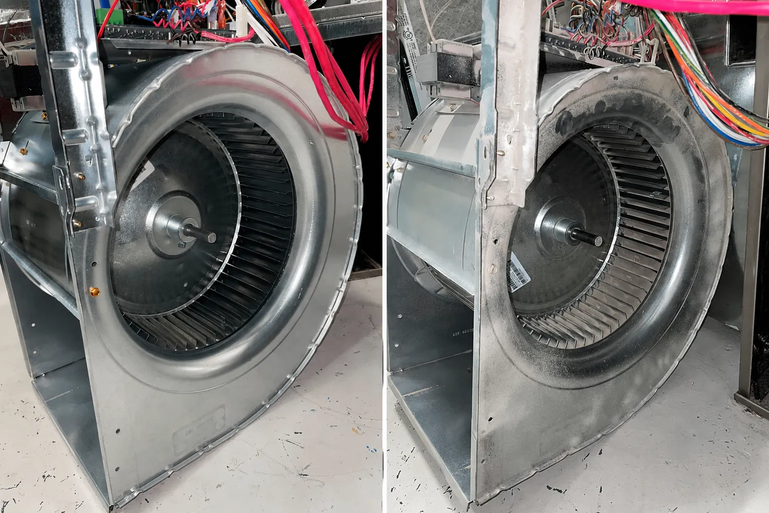 Side-by-side comparison of a furnace blower wheel before and after professional cleaning