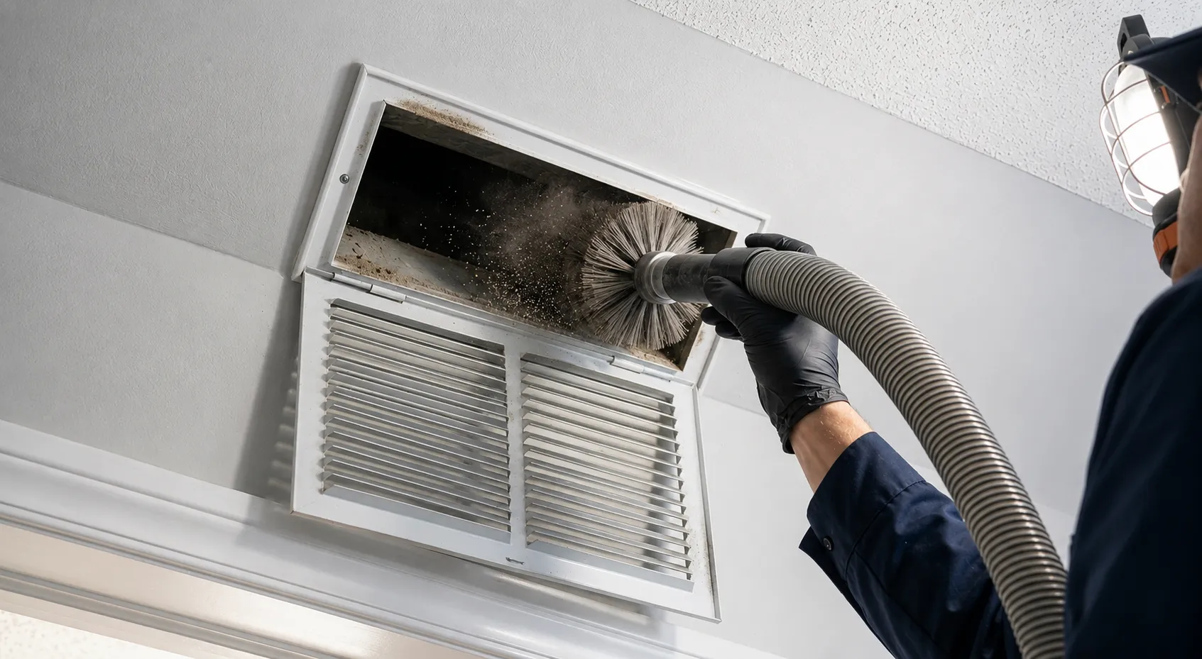 Cleaning dust from a ceiling air vent before determining whether dust coming from air vents requires duct cleaning.
