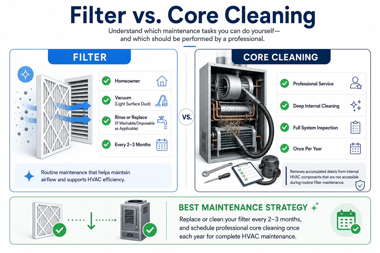 Comparison infographic explaining the difference between homeowner furnace filter maintenance and annual professional furnace core cleaning.