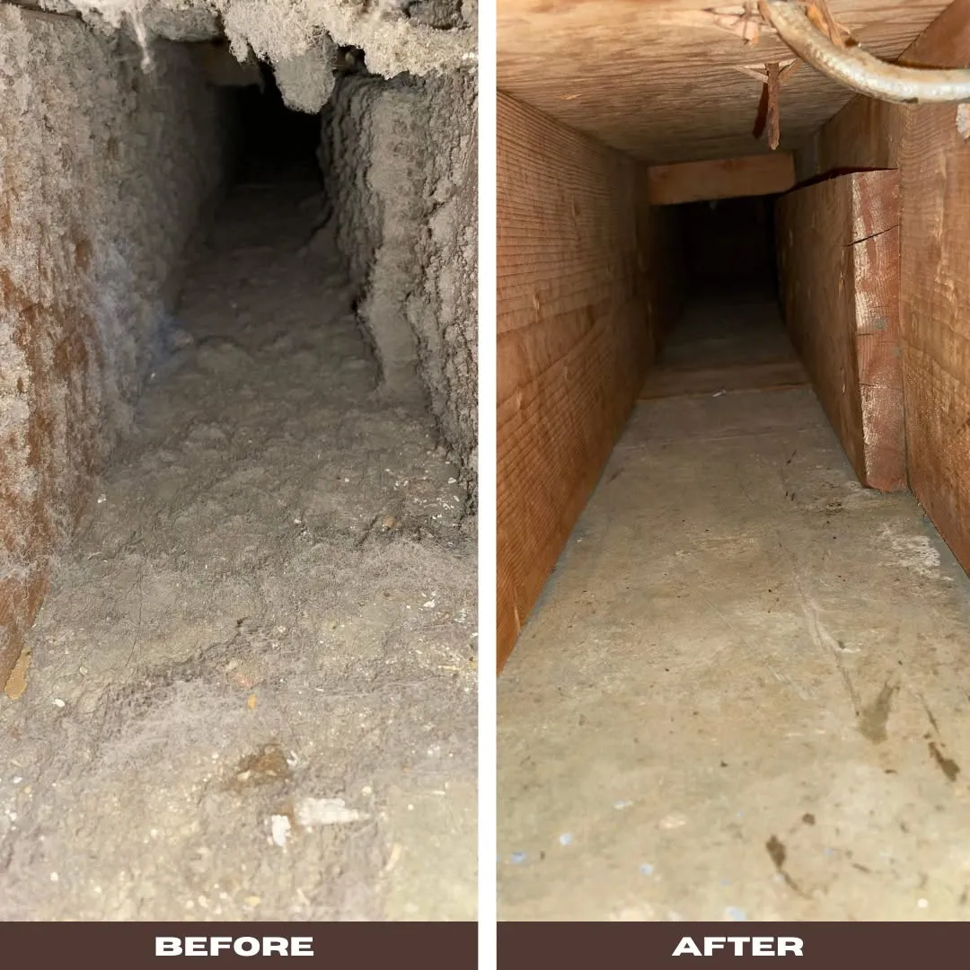 Before and after residential air duct cleaning showing heavy dust removal from ductwork in Saskatchewan