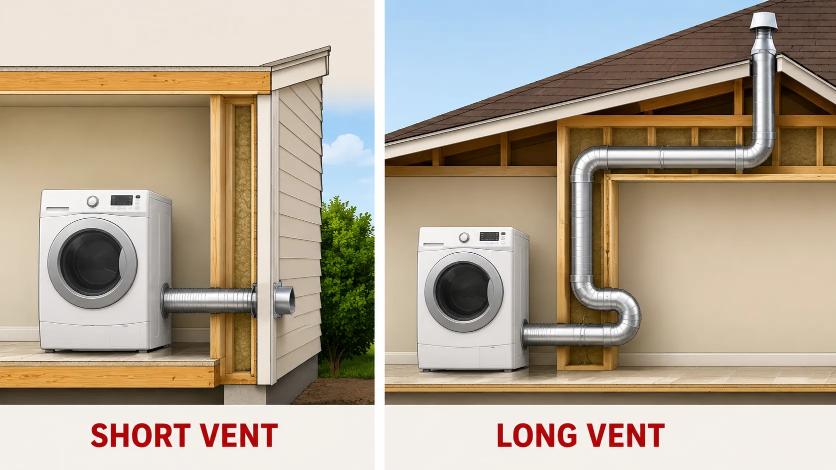 Comparison of a short dryer vent run and a long dryer vent run with multiple bends