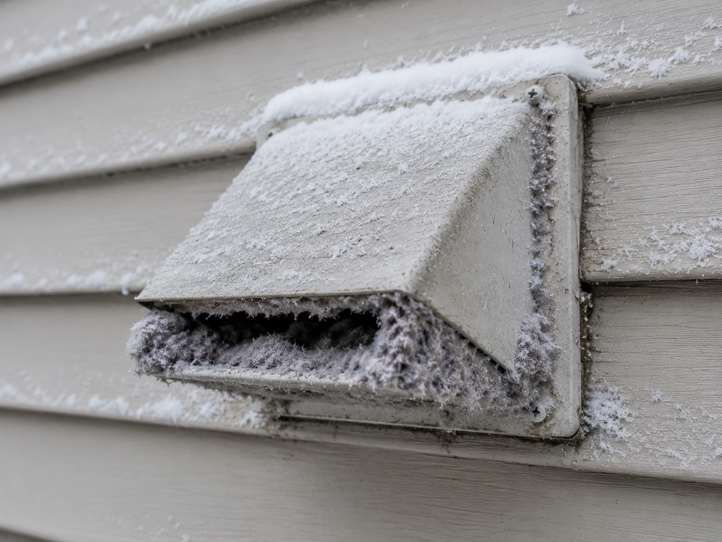 Exterior dryer vent hood clogged with lint and covered in frost on a residential siding wall