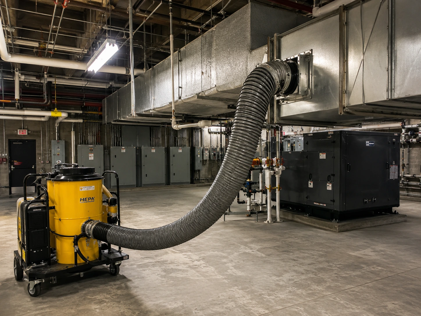 Professional HEPA vacuum unit connected by a large flexible hose to commercial sheet metal ductwork in an industrial mechanical room