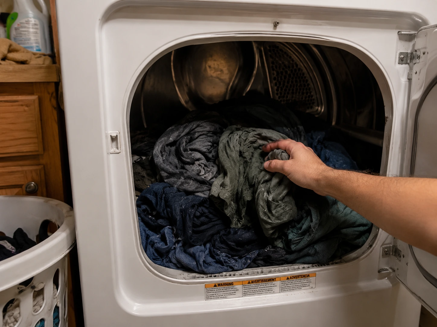 Hand pulling damp wrinkled clothes from a dryer drum after a completed cycle