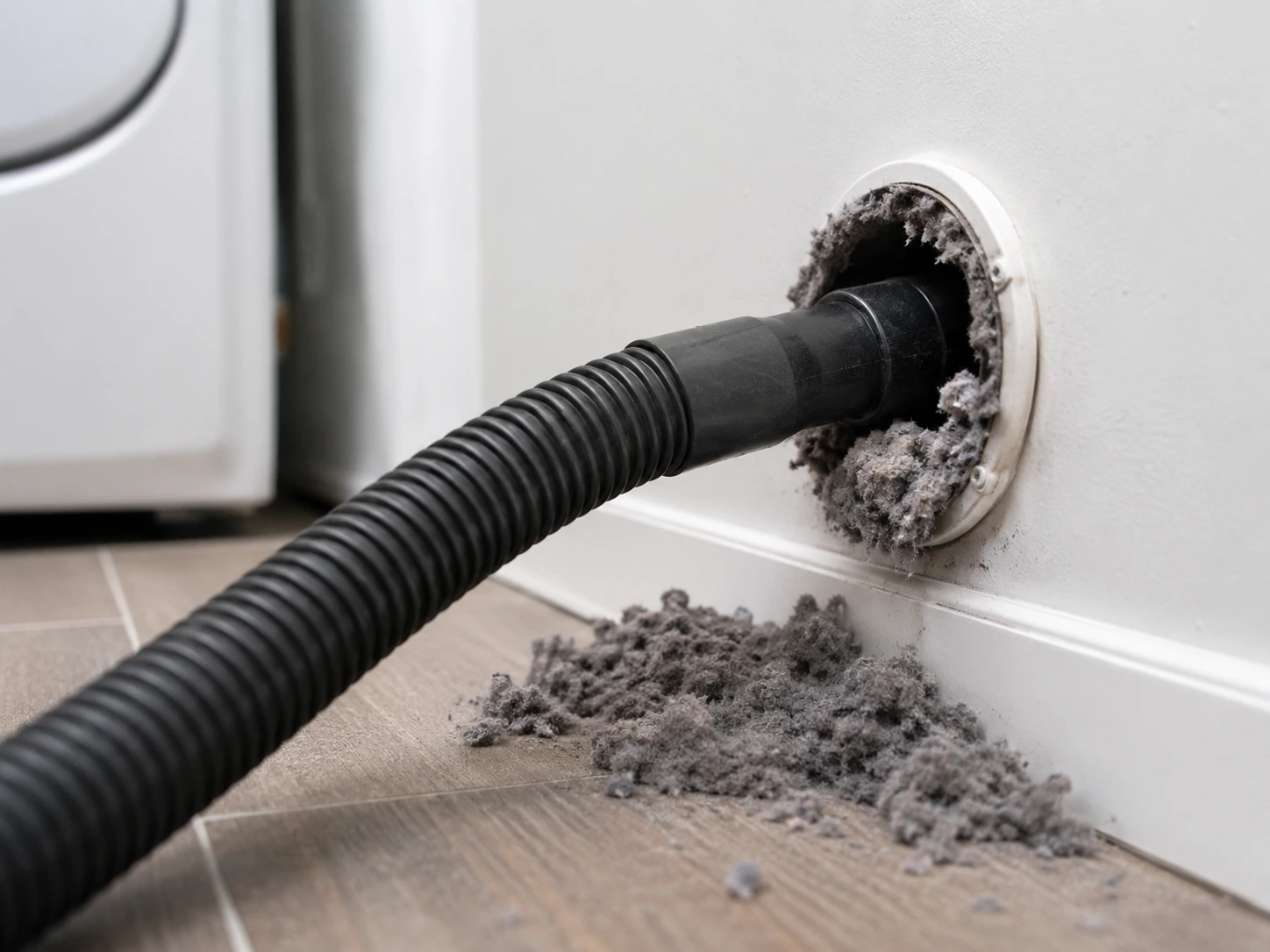 Dryer vent cleaning in progress with a vacuum hose inserted into a wall vent opening and lint debris on the laundry room floor