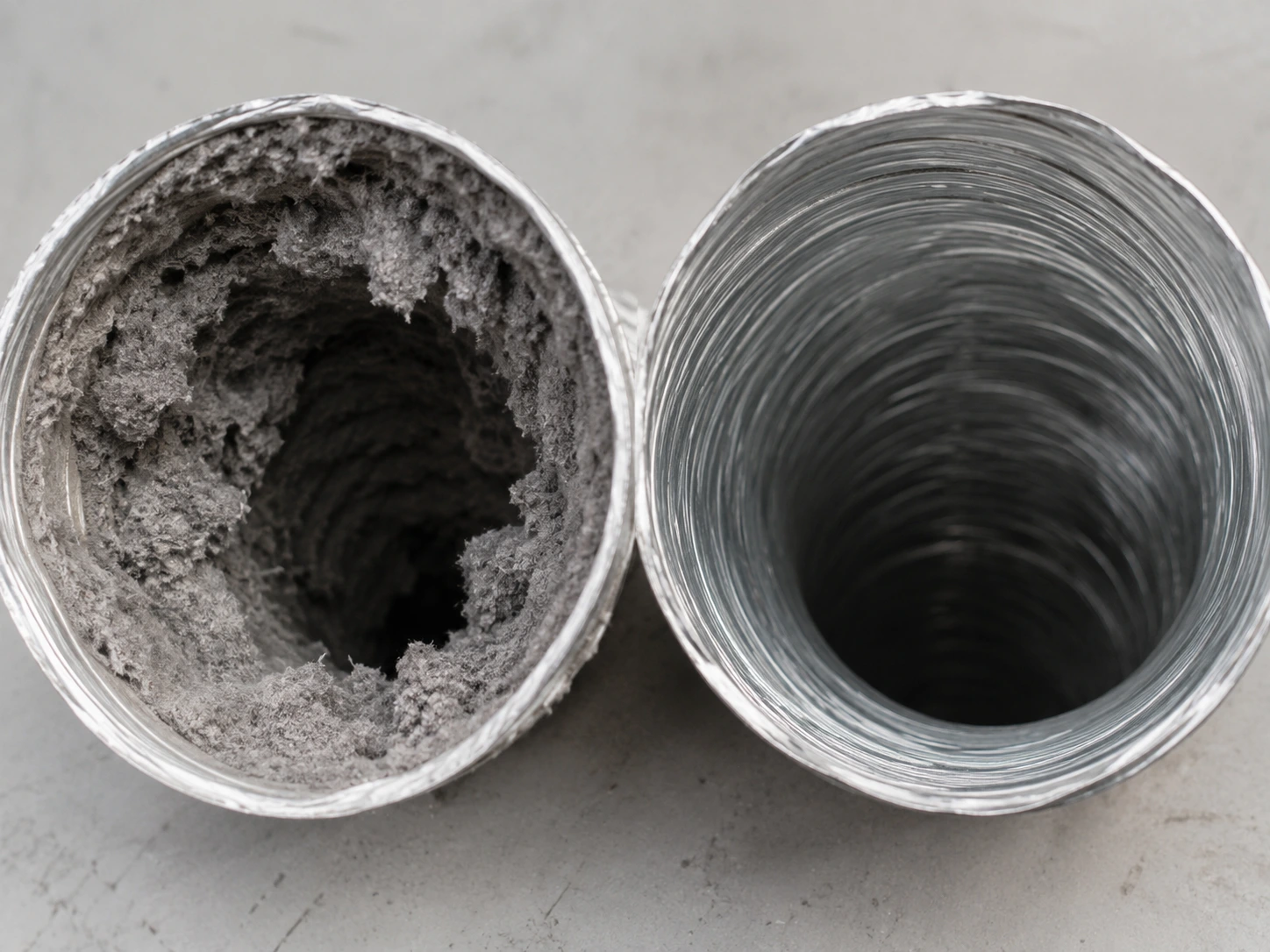 Side-by-side comparison of two dryer vent ducts — left duct heavily clogged with thick gray lint, right duct clean and clear