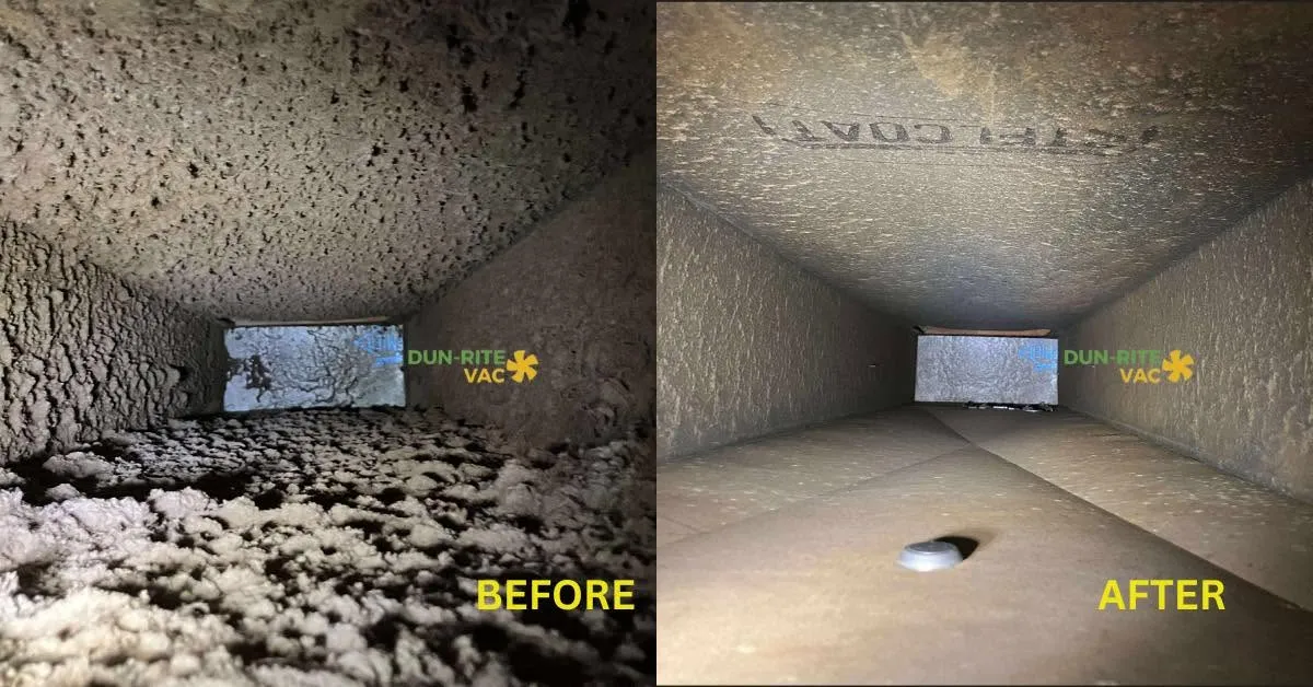 Before and after professional air duct cleaning showing heavy dust removal from residential HVAC ductwork