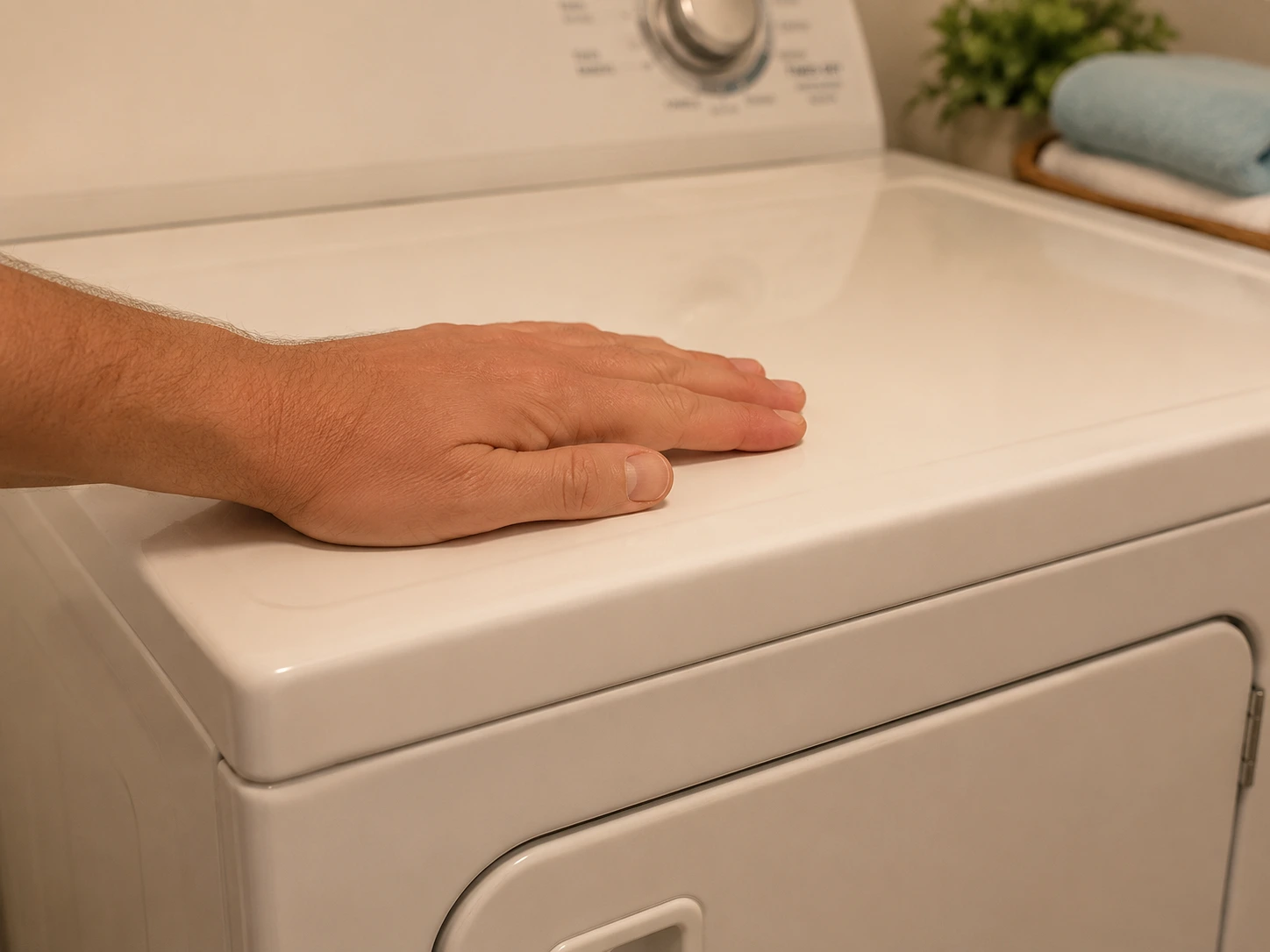 Hand resting on top of a white dryer to check for unusual heat from the cabinet surface
