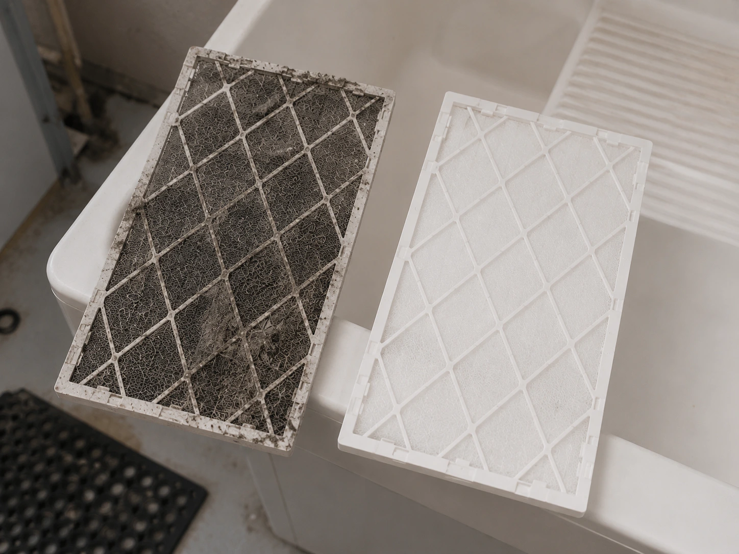 Comparison showing a dirty, compacted central vacuum filter versus a clean one