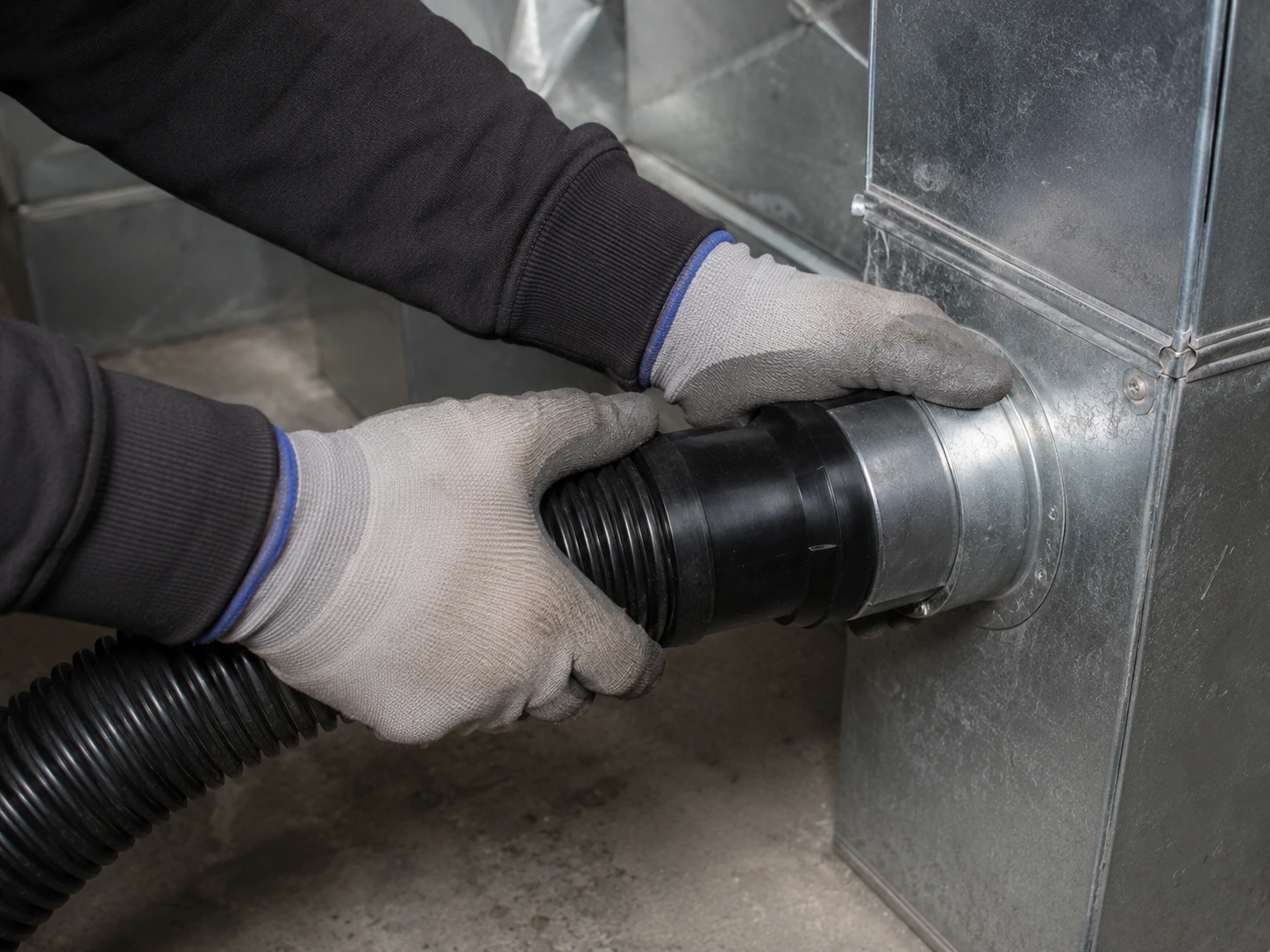 Gloved technician hands connecting a vacuum hose fitting to a sheet metal furnace duct collar