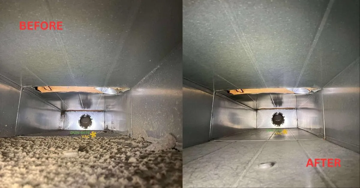Before and after comparison showing a central vacuum duct before cleaning and after professional debris removal.