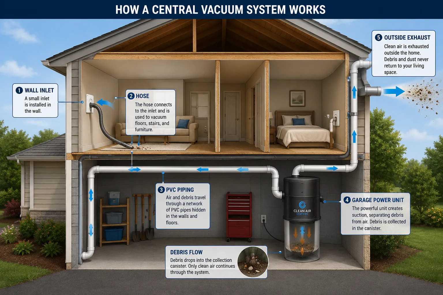 Diagram of central vacuum airflow through hidden PVC piping venting outside the home