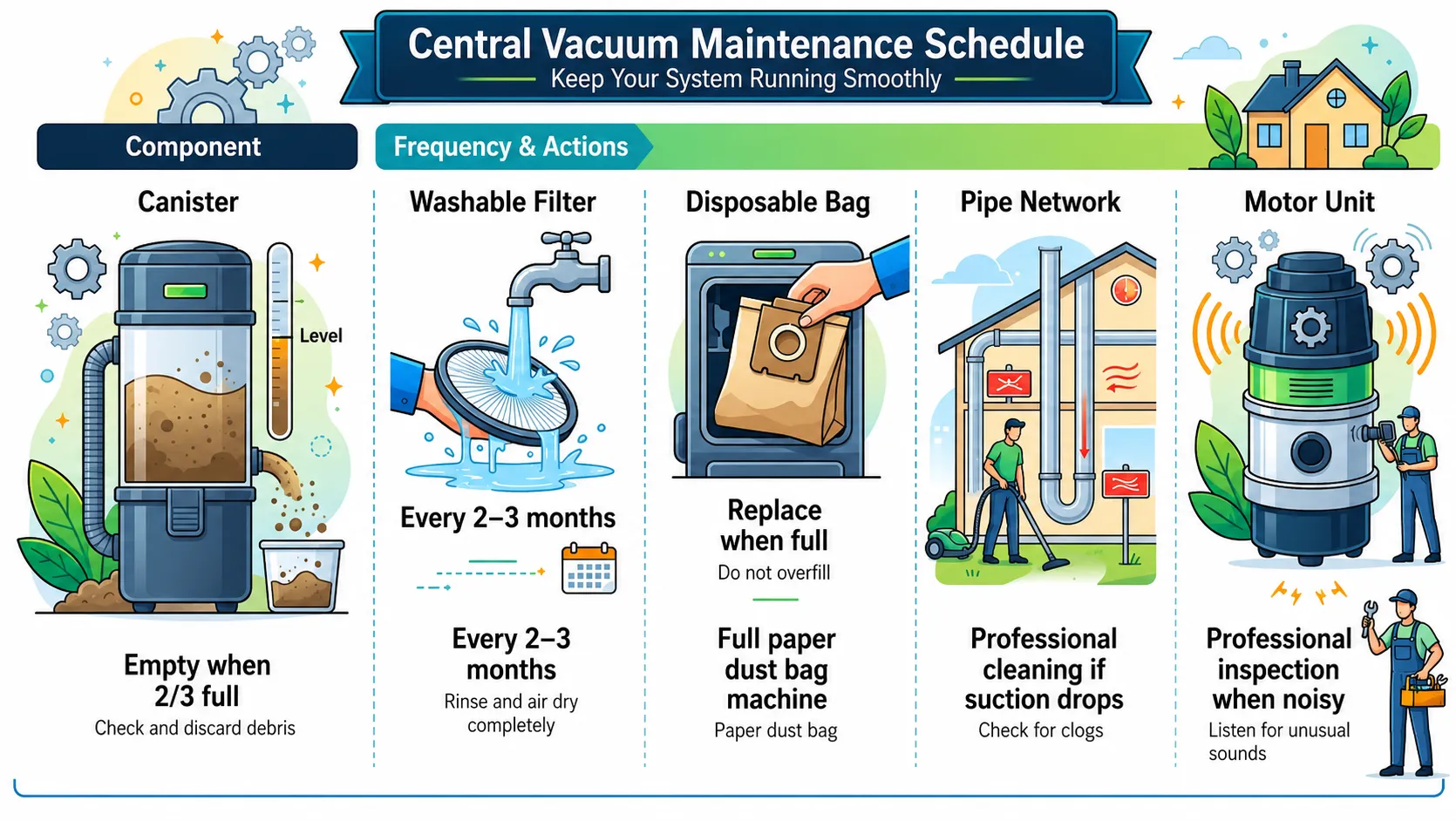 Central vacuum maintenance schedule infographic showing how often to clean the canister, washable filter, disposable bag, pipe network, and motor unit
