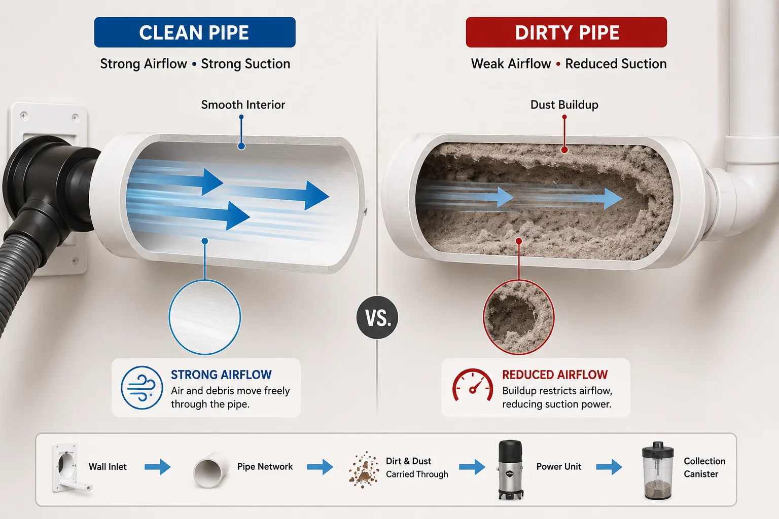 Clean vs dirty central vacuum pipe comparison showing how debris buildup reduces suction