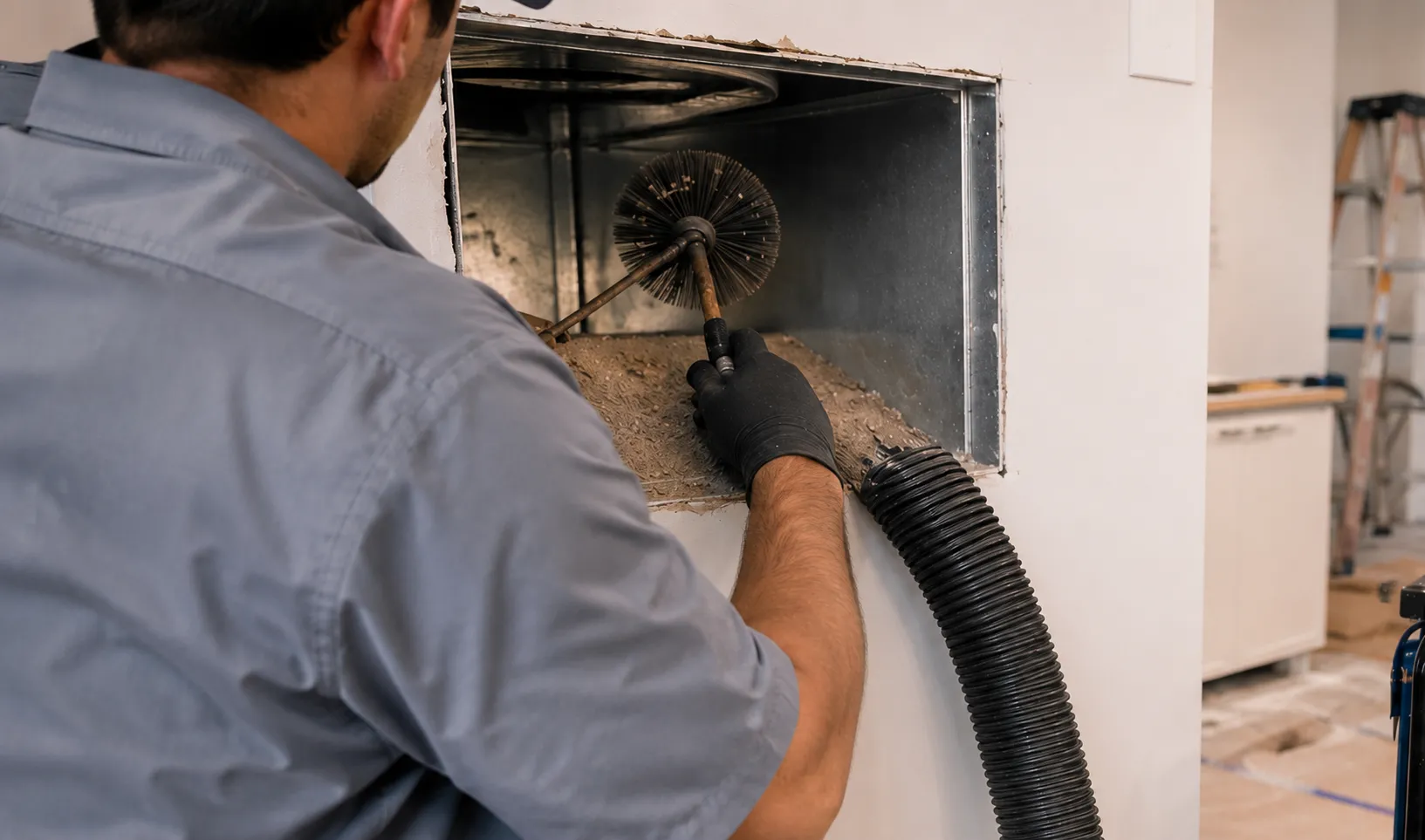 Commercial air duct cleaning technician removing dust and debris from HVAC ductwork