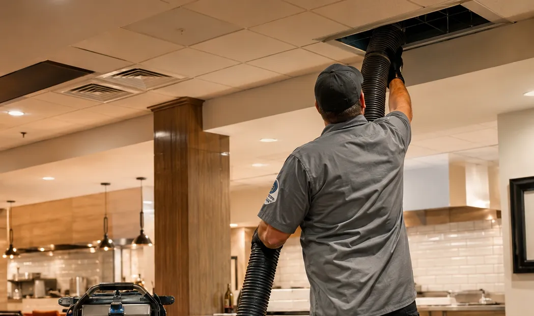 Commercial air duct cleaning technician servicing restaurant HVAC system