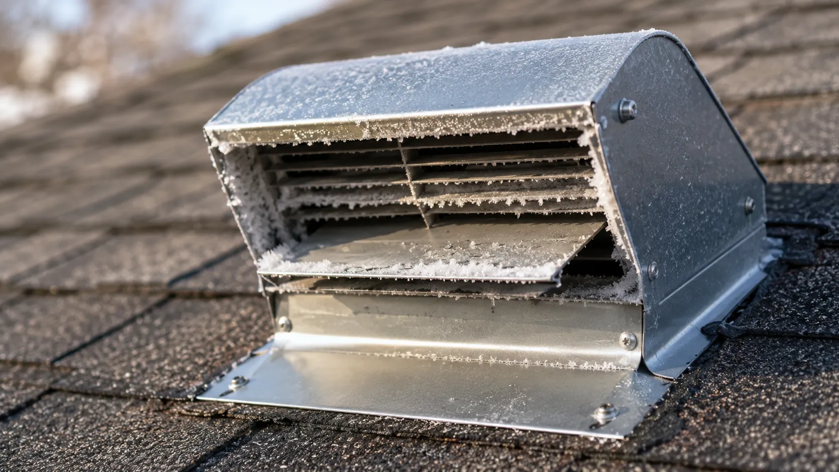 Frost buildup on a residential roof dryer vent hood indicating restricted airflow