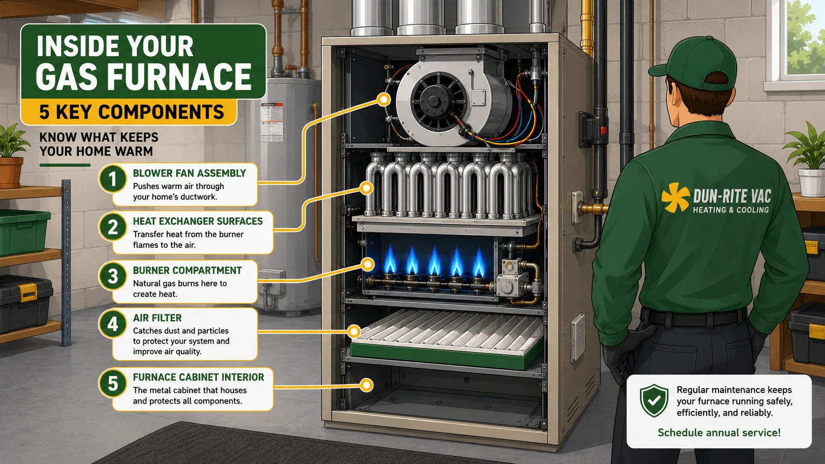 Guide showing the 5 essential components covered in a furnace cleaning and service visit