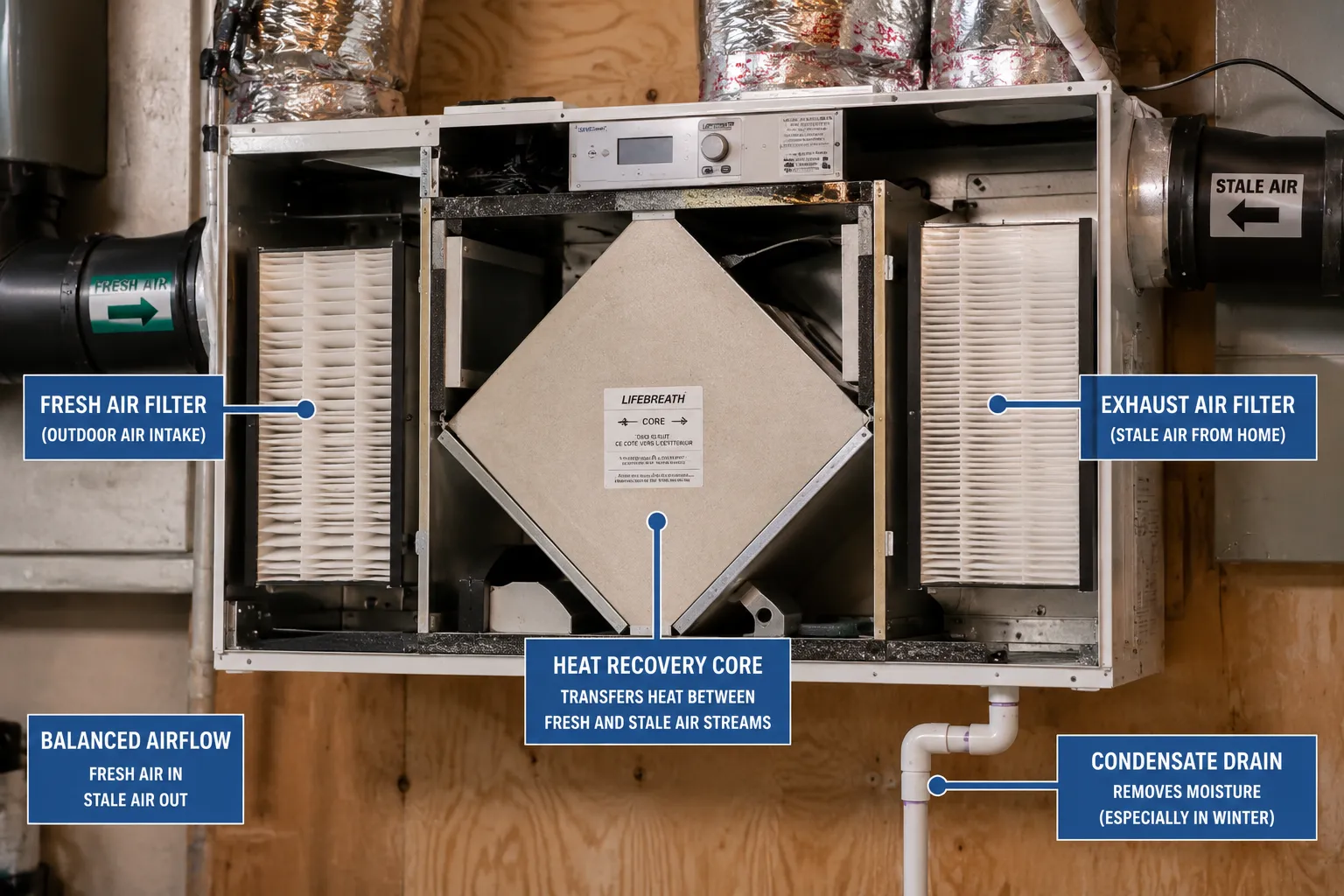 Open residential HRV air exchanger showing the heat recovery core, filters, airflow paths, and condensate drain during seasonal maintenance.