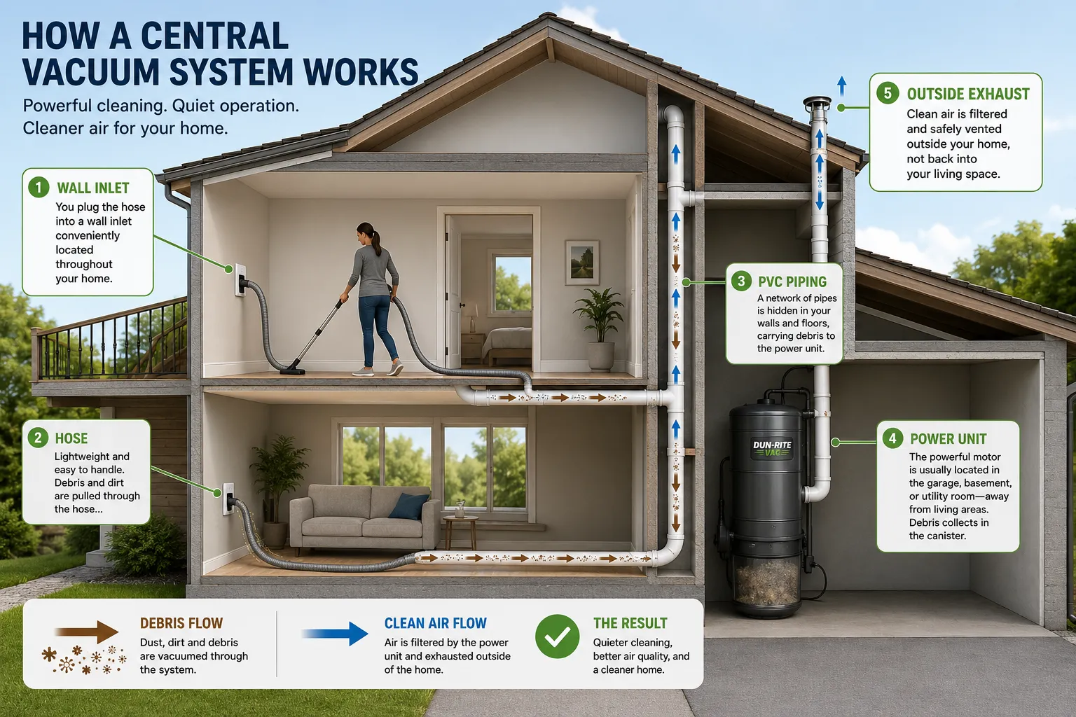 Diagram showing how a central vacuum system works inside a home