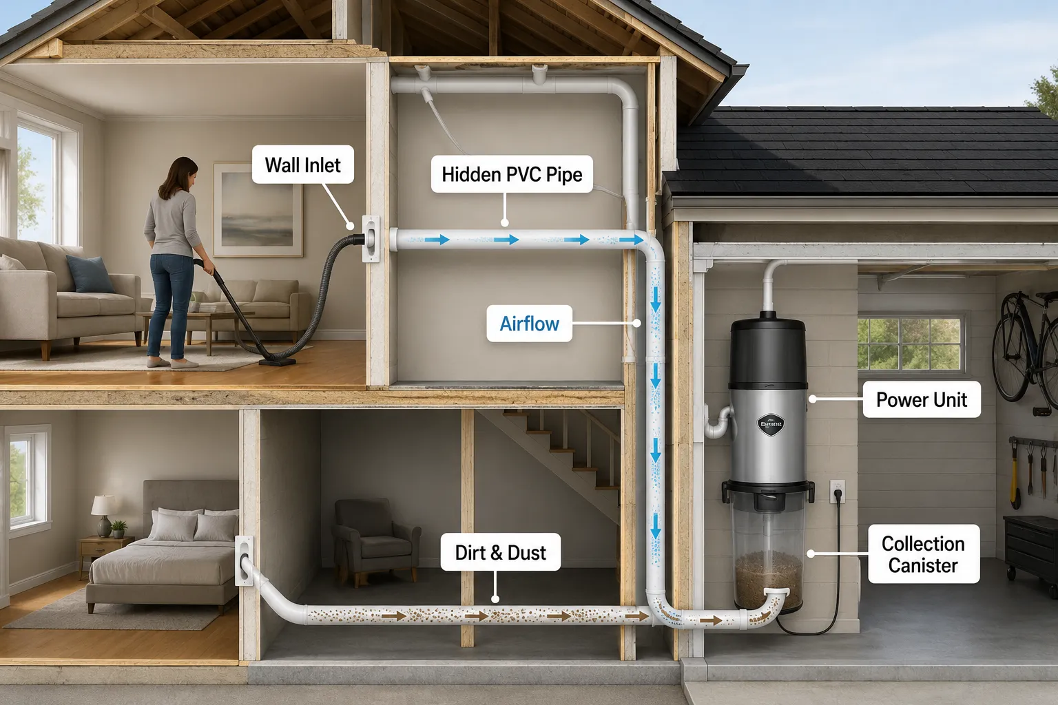 Diagram showing how a central vacuum system works inside a home, including wall inlets, pipe network, and power unit