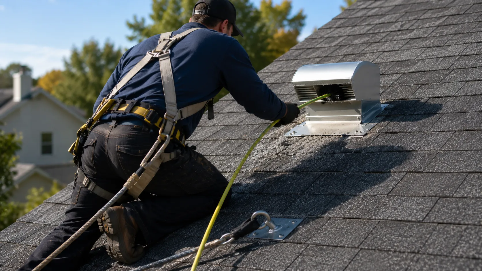 Professional roof dryer vent cleaning technician servicing a residential roof dryer vent cap