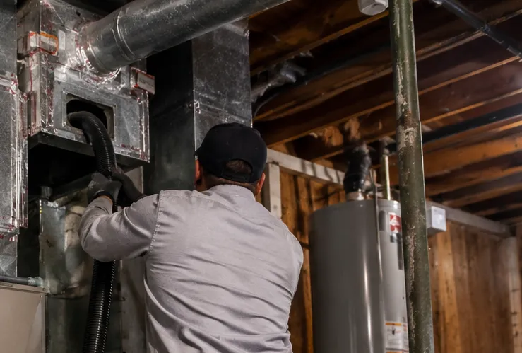NADCA certified duct cleaning technician cleaning residential furnace ductwork near the air handler