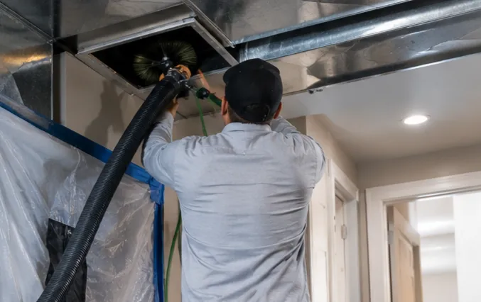 Rotary brush used during NADCA certified duct cleaning to loosen debris inside HVAC ductwork
