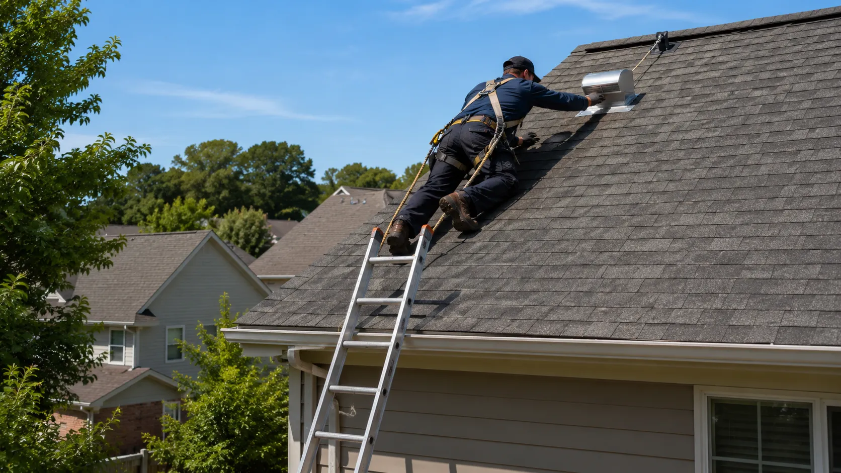 Technician using proper roof safety practices while accessing a residential roof dryer vent