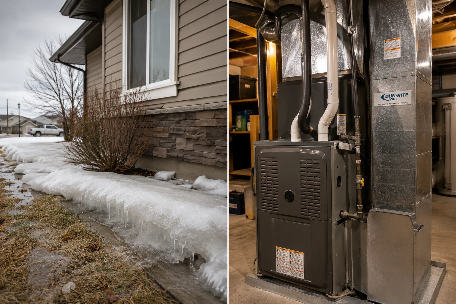 Prairie-style home during Saskatchewan spring thaw beside a residential high-efficiency furnace, illustrating seasonal HVAC maintenance.