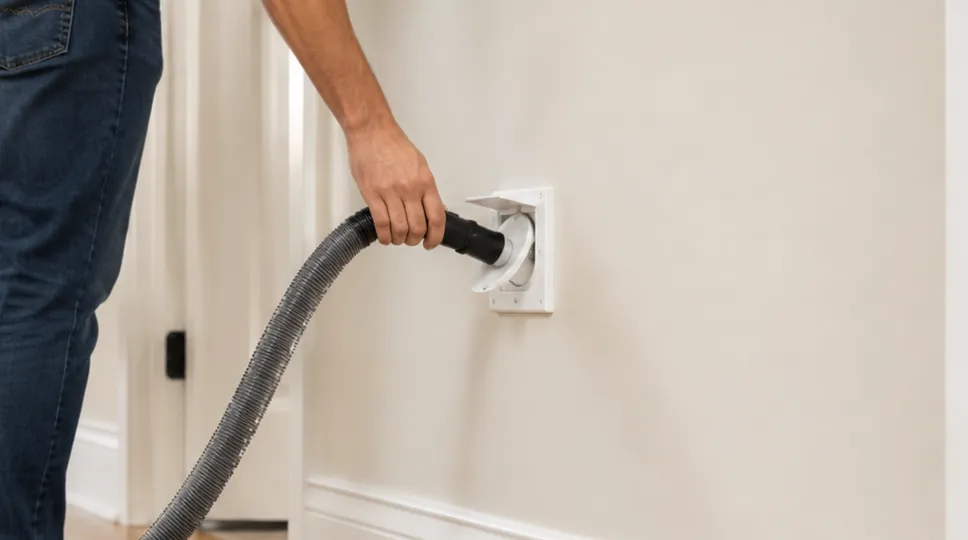 Homeowner connecting a hose to a central vacuum wall inlet to demonstrate what is central vacuuming in a residential home